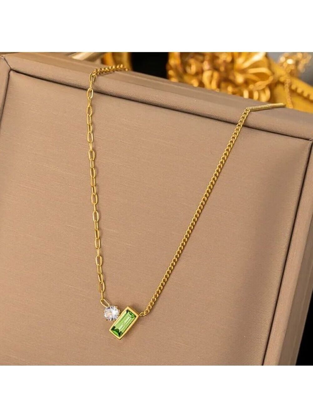 18K Gold Plated Dual-Chain Simulated Green Baguette and Round Zircon Necklace